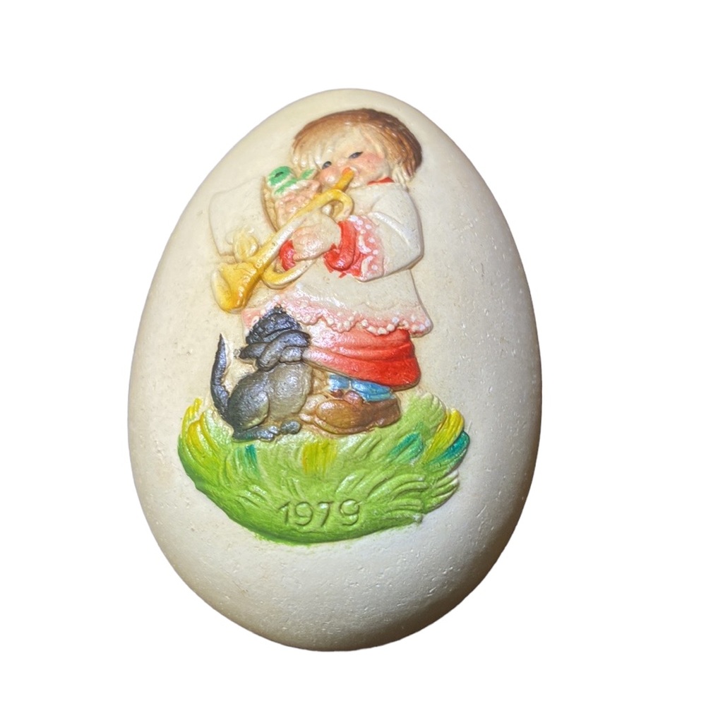 Rare Vintage 1979 Anri Ferrandiz Boy Trumpeter and his Cat Wooden Egg